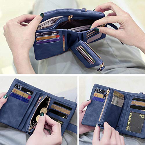 Womens Small Bifold Leather Wallets Rfid Ladies Wristlet with Card slots id window Zipper Coin Purse (Blue)