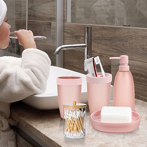 iMucci Pink 8pcs Bathroom Accessories Set - with Trash Can Toothbrush Holder Soap Dispenser Soap and Lotion Set Tumbler