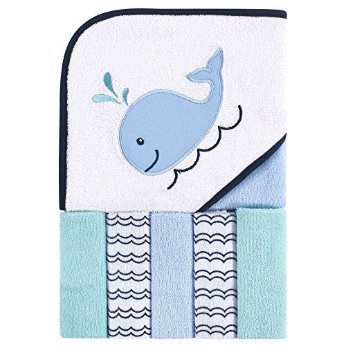 Unisex Baby Hooded Towel with Five Washcloths, Baby Blue Boy Whale