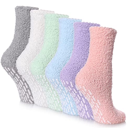6 Pairs Non Slip Fuzzy Socks for Womens with Grips Anti Slip Soft Fluffy Cozy Winter Warm Slipper Socks (6 Pairs Rainbow Fuzzy Socks)