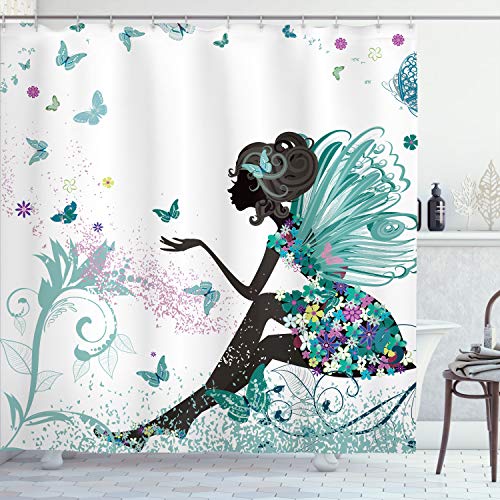 Ambesonne Fantasy Shower Curtain, Spring Girl Wings in a Floral Dress Surreal Garden Butterflies Print, Cloth Fabric Bathroom Decor Set with Hooks, 69