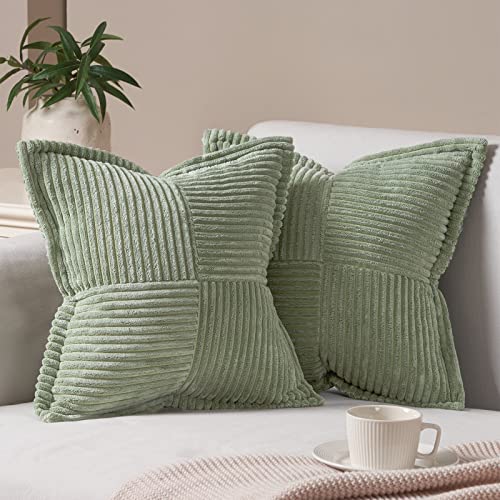 Topfinel 2 Packs Wide-Brimmed Throw Pillow Cover with Splicing 18x18 Inch, Farmhouse Home Decor, Cozy Corduroy Accent Decorative Throw Pillows Cushion Case for Living Room Couch Bed Sofa(Sage Green)