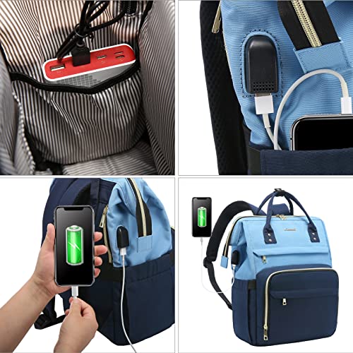 LOVEVOOK Laptop Backpack for Women Travel Business Computer Bag Purse with USB Port Fits 15.6-Inch Laptop, Sky Blue-Dark Blue