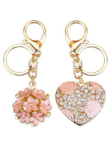 Mtlee Flowers Ball Keychain and Sweet Love Heart Rose Flower Crystal Keyring, 2 Pieces, Multicolor, Medium - Pink and Caboodle