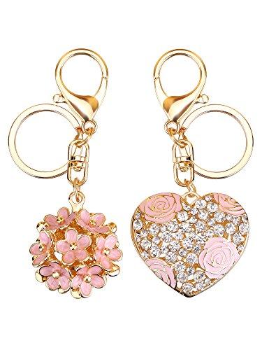 Pink & Gold Heart & Ball Sweet Love Rose Flower Crystal Keyrings, 2 Piece Set