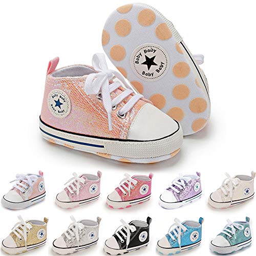 Baby or Toddler Girls or Boys Canvas Sneakers, Soft Sole, High Top First Walkers Shoes, 22 colors  (Sequin Pink)