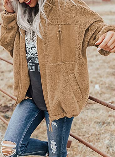 BTFBM Women Long Sleeve Full Zip Jackets Casual Solid Color Loose Fleece Short Teddy Coats Jacket Outerwear With Pockets(Solid Khaki, Medium)