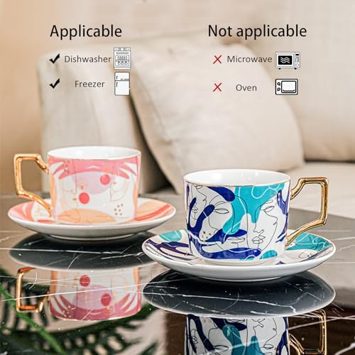 ICHAG Cups and Saucers Set of 6, Coffee Mugs, Tea Cups Set with Bowknot, Tea Set, 18-piece, Cup with 8.4oz, Golden Spoon, For Tea Party, Christmas Gifts, Gifts for Home Office