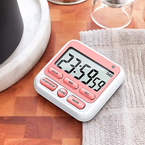 KTKUDY Digital Kitchen Timer with Mute/Loud Alarm Switch ON/Off Switch, 24 Hour Clock & Alarm, Memory Function Count Up & Count Down for Kids Teachers Cooking, Large LCD Display, Strong Magnet (Pink)