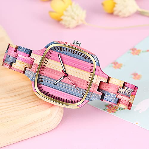 Handmade Colorful Bamboo Women's Striped Wooden Watch, Analog Quartz Wooden Wristwatch