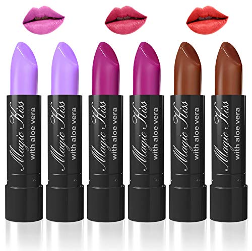 Pack of 6 Magic Kiss Color Changing Aloe Vera Lipstick Set Made in USA (Colors of Aloha 5)