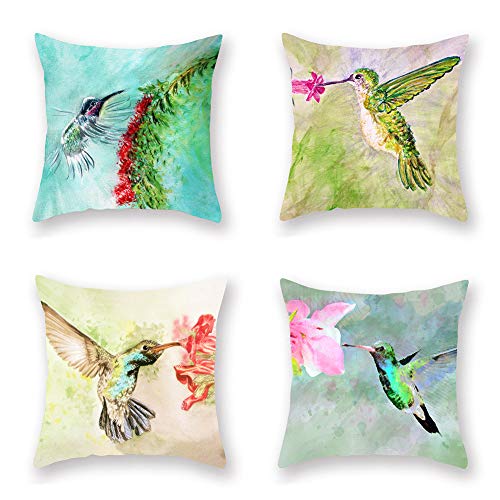 ShareJ Set of 4 Watercolor Animal Style Throw Pillow Covers Hummingbird Pattern Super Soft Cushion Case Square Home Sofa Decorative Pillowcase, 18