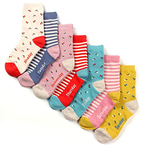 COTTON DAY 7 Days of the Week Toddler Little Big Kids Girls Cute Pattern Design Socks (Floral & Stripes, M: Shoe Size 10-13)