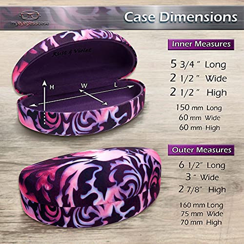 Extra Large Sunglasses Case - Hard Shell Glasses Case with Drawstring Pouch and Cloth - Eyeglass case holder by MyEyeglassCase (AS179 Purple Damask)