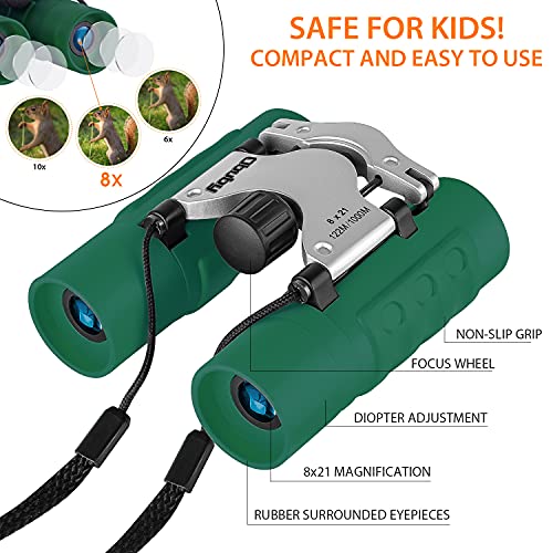 Obuby Real Binoculars for Kids Gifts for 3-12 Years Boys Girls 8x21 High-Resolution Optics Mini Compact Binocular Toys Shockproof Folding Small Telescope for Bird Watching,Travel, Camping, Green