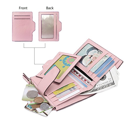 AINIMOER Women's RFID Blocking Leather Small Compact Bi-fold Zipper Pocket Wallet Card Case Purse (Lichee Pink)