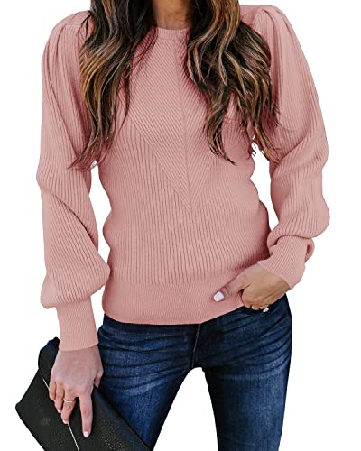 Huiyuzhi Women's Puff Sleeve Pullover Crew Neck Soft Slim Fit Solid Color Knitted Jumper Sweater, Pink, Medium