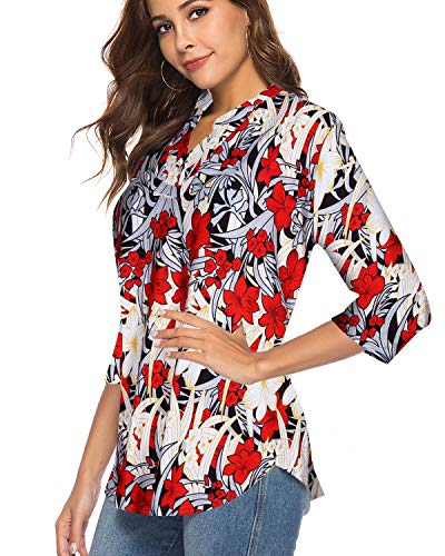 CEASIKERY Women's 3/4 Sleeve Floral V Neck Tops Casual Tunic Blouse Loose Shirt 009 Red
