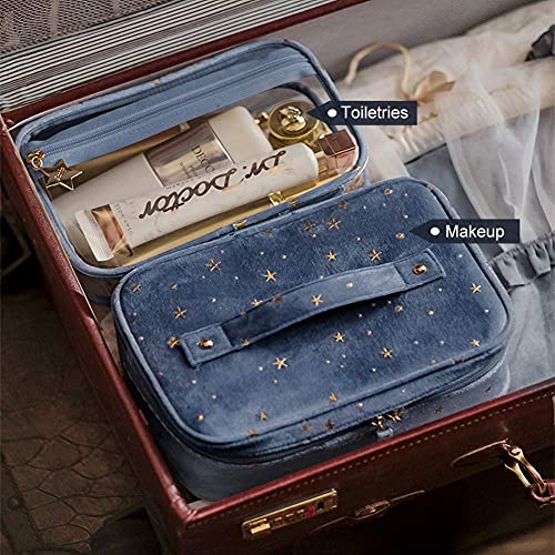 HOYOFO Velvet Makeup Bag for Women Double-layer Travel Cosmetic Case Set of 2 Make up Bags with Handle/Brush Holder (F-Blue Set)