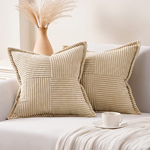 Topfinel Tan Decorative Broadside Throw Pillow Cover with Splicing, Striped Corduroy Square Boho Cushion Pillowcase for Sofa Couch Bed Chair (18x18 Inch) Set of 2