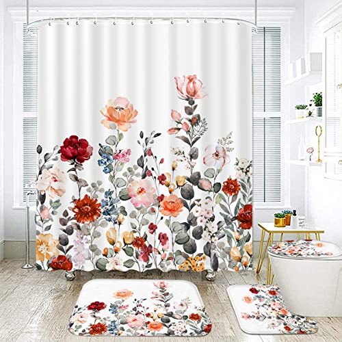 4pcs Floral Shower Curtain Set, Flower Shower Curtain Sets with Non-Slip Rugs, Botanical Nature Shower Curtain Set with Toilet Lid Cover Bath Mats and 12 Hooks for Bathroom(71" X 71", Multi Color)