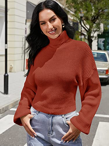 ZAFUL Women's Cropped Turtleneck Sweater Lantern Sleeve Ribbed Knit Pullover Sweater Jumper (2-Chestnut Red, M)