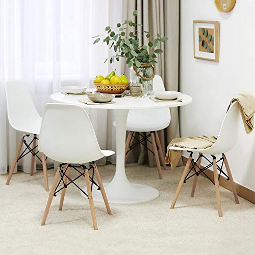 Yaheetech Dining Chairs Modern Side Shell Eiffel DSW Chairs with Beech Wood Legs and Metal Wires for Dining Room Living Room Bedroom Kitchen Lounge Reception, Set of 4, White