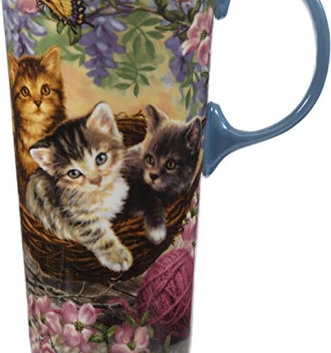 17oz Ceramic Hot/Cold Coffee or Tea Tall Travel Mug w/Lid & Matching Gift Box, Flowers and Kittens 2