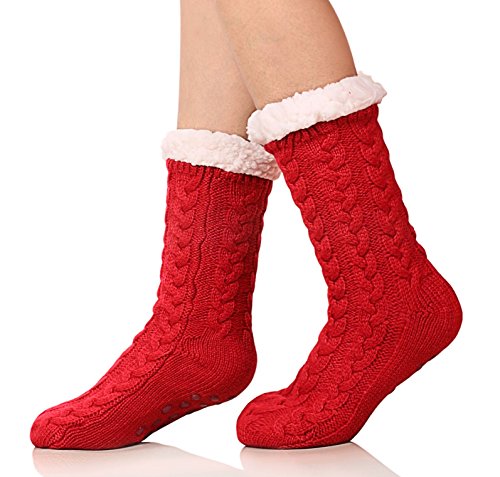 SDBING Women's Winter Super Soft Warm Cozy Fuzzy Fleece-Lined with Grippers Slipper Socks (Red)