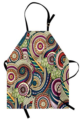 Lunarable Batik Apron, Funk Design Circle Forms Made Floral Lines and Paisley Shapes Style, Unisex Kitchen Bib with Adjustable Neck for Cooking Gardening, Adult Size, Teal Pink