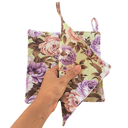 CUSHYSTORE Canvas Pot Holder Oven Pads Potholders for Cooking Kitchen 7.75", 2 Packs (Purple Rose Garden)