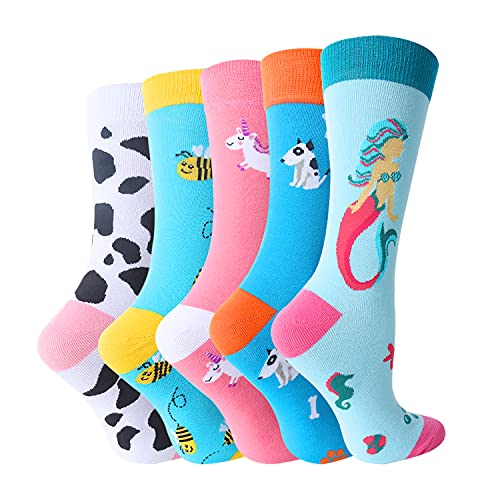 Christmas Gift Womens Novelty Funny Crew Socks Girls Cute Floral Colorful Patterned Socks Silly Funky Casual Cotton Flower printed Socks Gift，5 Pack-animal(dog Mermaid Unicorn Cow Bee)