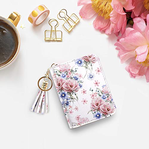 RFID Blocking Pocket Wallet and Card Holder with Tassel, Pink and Blue Flowers