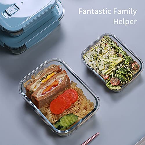 [10 Packs, 20 Pieces] Glass Food Storage Containers with Lids (Built in Vent), Airtight Meal Prep Containers, Glass Bento Boxes for Home Kitchen, BPA Free & Leak Proof (10 lids & 10 Containers) - Blue