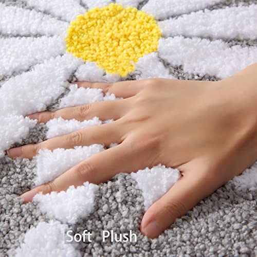 Gray Bathroom Rugs Cute Daisy Bath Mat White and Yellow Flower Decor Rug Non Slip Floor Carpet Microfiber Bathmat Super Absorbent Machine Washable Bahtub Mats for Shower, Tub, Bedroom 16"x 24"