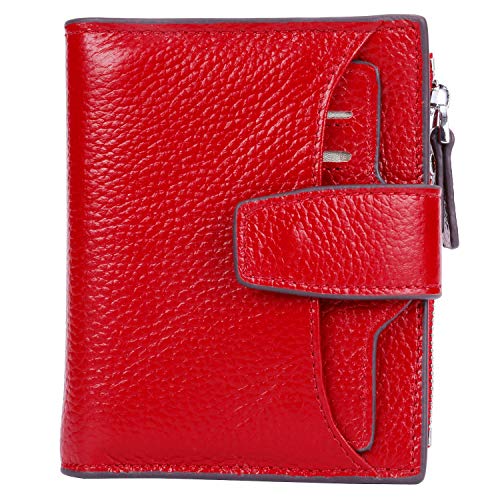 AINIMOER Women's RFID Blocking Leather Small Compact Bi-fold Zipper Pocket Wallet Card Case Purse (Lichee Red)