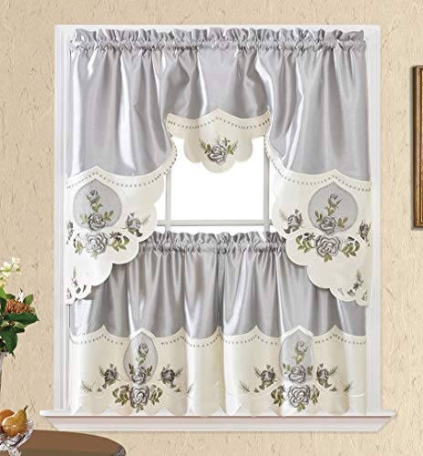 GOHD Rose Melody. 3pcs Kitchen Cafe Curtain Set. Swag and 24 inches Tiers Set for Small Windows. Nice Matching Color Rose Embroidery on Border and Inserted Organza. (Silver Grey)