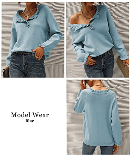 BTFBM Women's Sweaters Casual Long Sleeve Button Down Crew Neck Ruffle Knit Pullover Sweater Tops Solid Color Striped(Solid Blue, Medium)