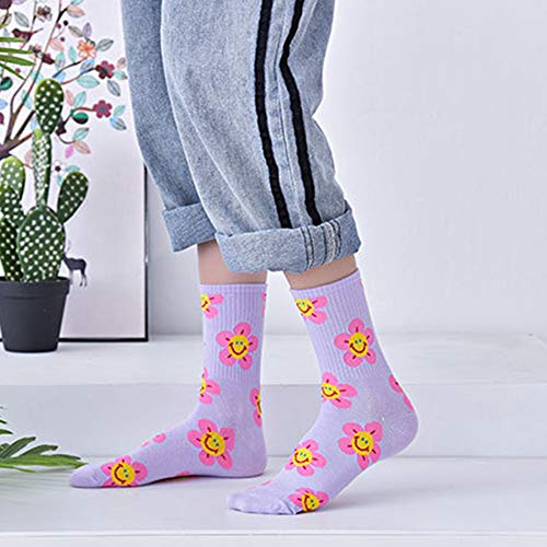 Womens Gils Novelty Funny Funky Crew Socks Colorful Crazy Cute Floral Animal Food Patterned Cotton Dress Socks Gifts,5 Pair Colorful Flower