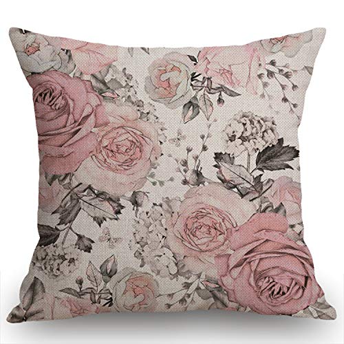 Swono Pink Flowers and Leaves Pillow case, Watercolor Floral Pattern Pillow Cover, Flower Rose Burlap Throw Pillow Case Cushion Cover Couch Sofa Decorative Square 18x18 inches