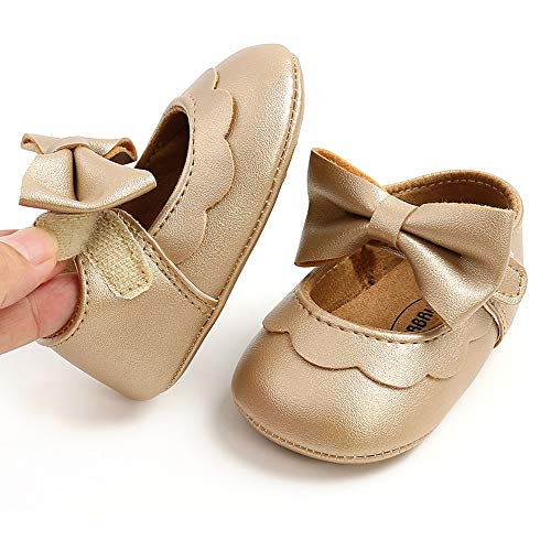 LAFEGEN Baby Girls Mary Jane Flats with Bownot Non Slip Soft Sole PU Leather Newborn Infant Toddler First Walker Cirb Dress Shoes, 6-12 Months Infant, 07 Gold