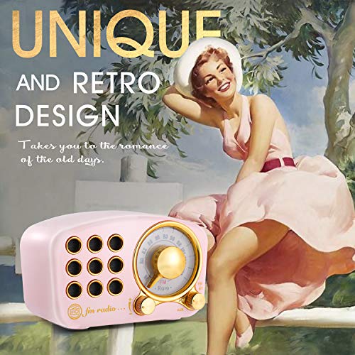 Retro Vintage FM Radio Bluetooth 4.2 Wireless Speaker w/Volume & Bass Enhancement, Pink or Red