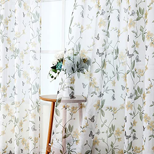 Tollpiz Short Sheer Floral Tier Curtains Yellow Flower Butterfly Printed Half Window Curtain Rod Pocket Kitchen Voile Faux Linen Curtains for Bathroom, 30 x 24 inches Long, Set of 2 Panels