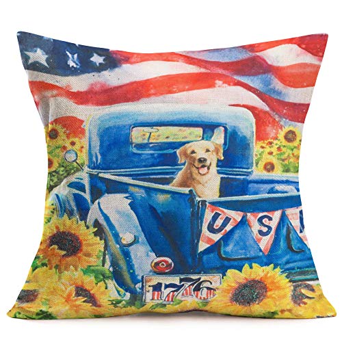 Smilyard Red Truck with Sunflower Throw Pillow Covers Animal Bird Bicycle Rustic Farmhouse Pillow Covers Cotton Linen Flower Pillow Case Home Decor 18x18 Inch Set of 4 (American Set)