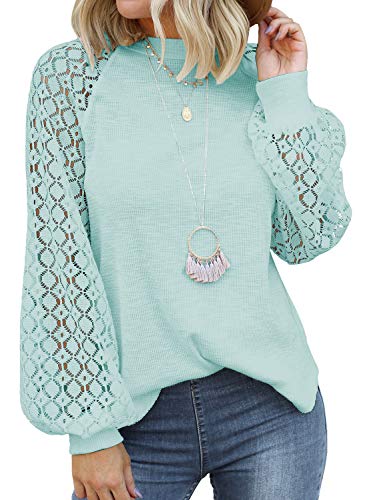 MIHOLL Women’s Long Sleeve Tops Lace Casual Loose Blouses T Shirts (Lake Blue, Small)