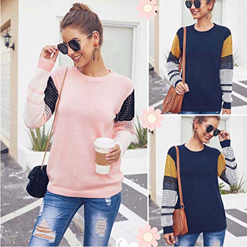 koitmy Women's Cute Contrast Sleeve Knitted Pullover Sweater Pink