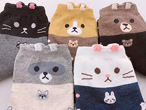 GotYourToes | Womens Teen Girls | Cute Cat Fox Rabbit Animal Print | Crew Socks | Great Gifts | 5 Pairs (Animal Land)