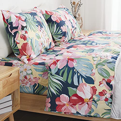 Vivid & Bright Tropical Hawaiian Flowers Deep Pocket Cotton Bed Sheet Set  (6 sizes)