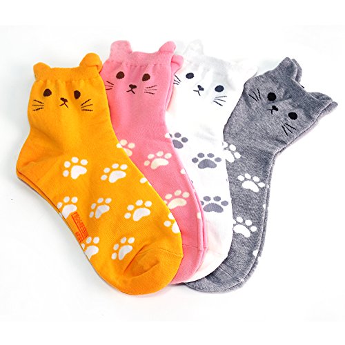 OKIE OKIE Womens Cat Socks - Crazy Cute Animal Dog Owl Print Crew Novelty Fun Funny Gifts (Animal - Cat Foot Print 4pcs)