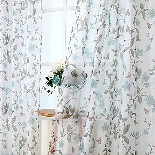 Tollpiz Short Sheer Floral Tier Curtains Blue Flower Butterfly Printed Half Window Curtain Rod Pocket Kitchen Voile Faux Linen Curtains for Bathroom, 30 x 24 inches Long, Set of 2 Panels